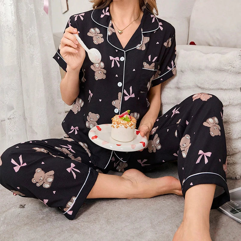 Pink Bow & Heart or Bear Print Bubble Crepe Pajama Set for Women, Short Sleeve Button-Down Shirt and Pants Loungewear Nightwear
