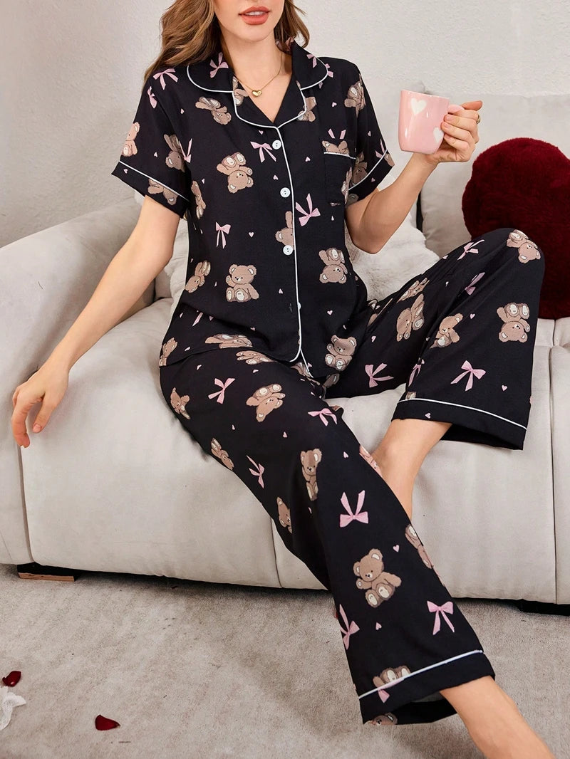 Pink Bow & Heart or Bear Print Bubble Crepe Pajama Set for Women, Short Sleeve Button-Down Shirt and Pants Loungewear Nightwear