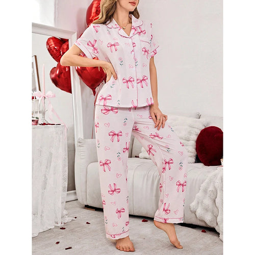 Pink Bow & Heart or Bear Print Bubble Crepe Pajama Set for Women, Short Sleeve Button-Down Shirt and Pants Loungewear Nightwear