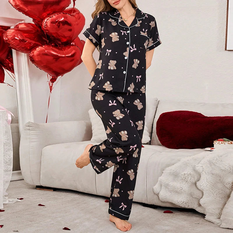 Pink Bow & Heart or Bear Print Bubble Crepe Pajama Set for Women, Short Sleeve Button-Down Shirt and Pants Loungewear Nightwear