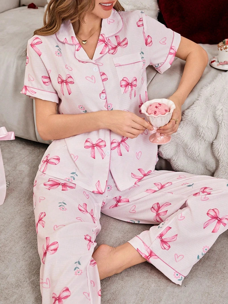 Pink Bow & Heart or Bear Print Bubble Crepe Pajama Set for Women, Short Sleeve Button-Down Shirt and Pants Loungewear Nightwear
