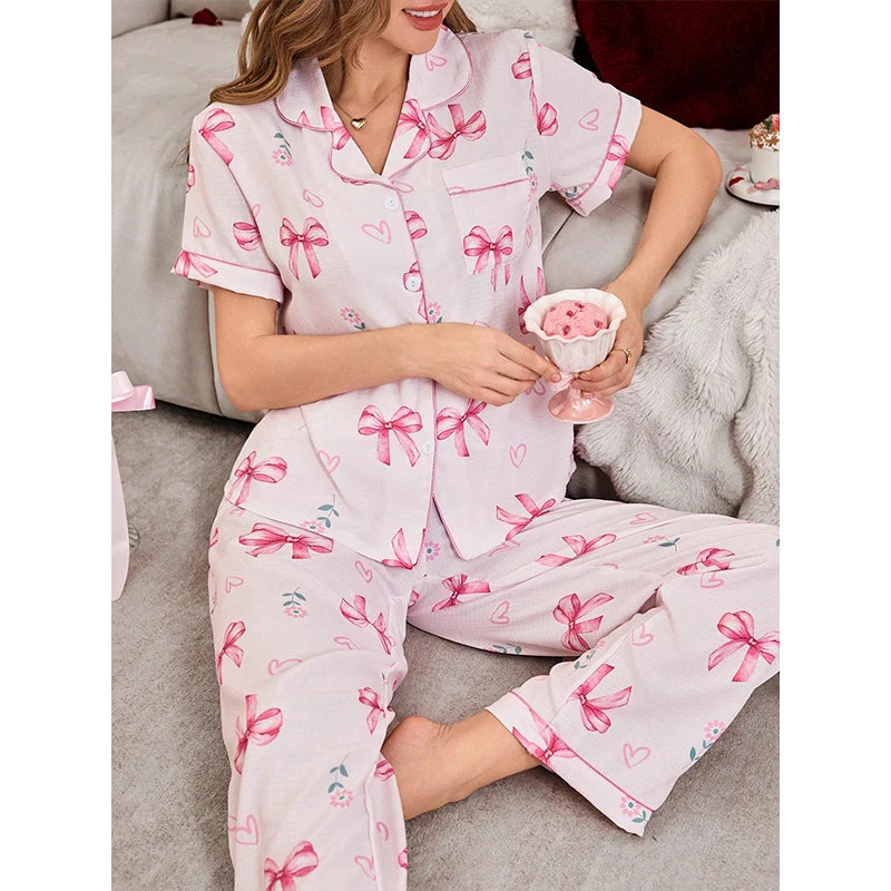 Pink Bow & Heart or Bear Print Bubble Crepe Pajama Set for Women, Short Sleeve Button-Down Shirt and Pants Loungewear Nightwear